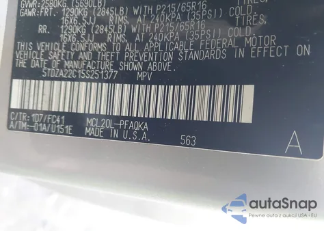 2005 Toyota Sienna Xle из США, поврежденный, VIN 5TDZA22C15S251377